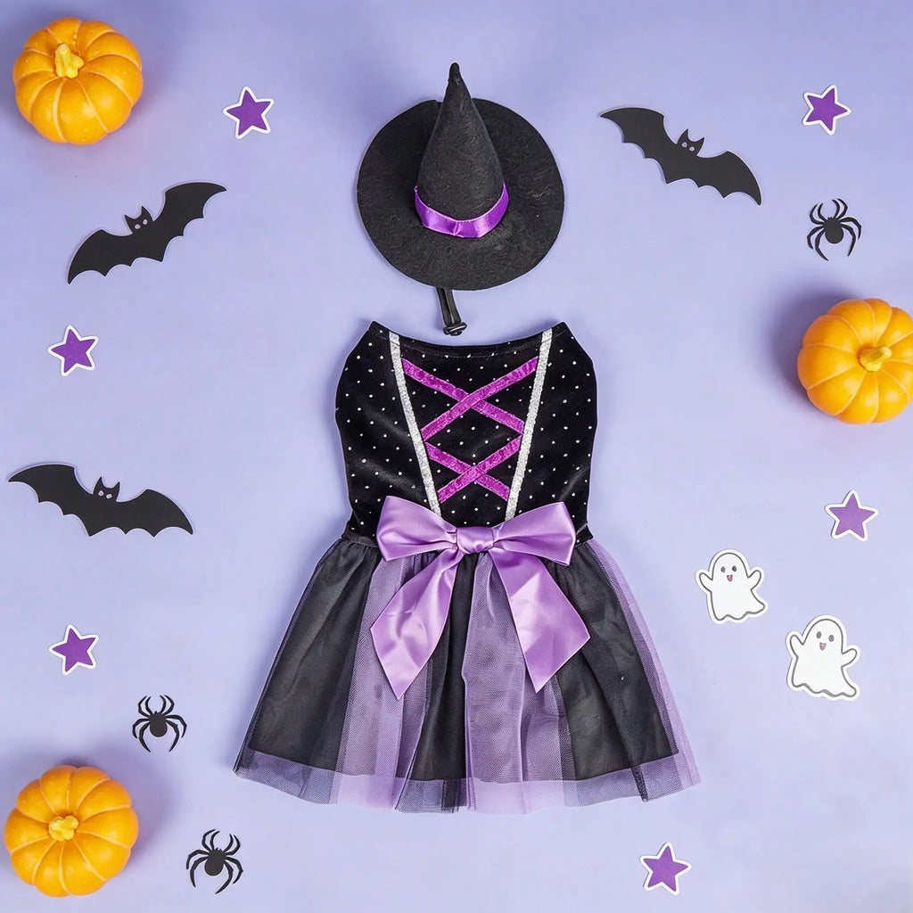 Halloween Witch Tutu Dress with Hat for Small Dogs and Cats, Purple