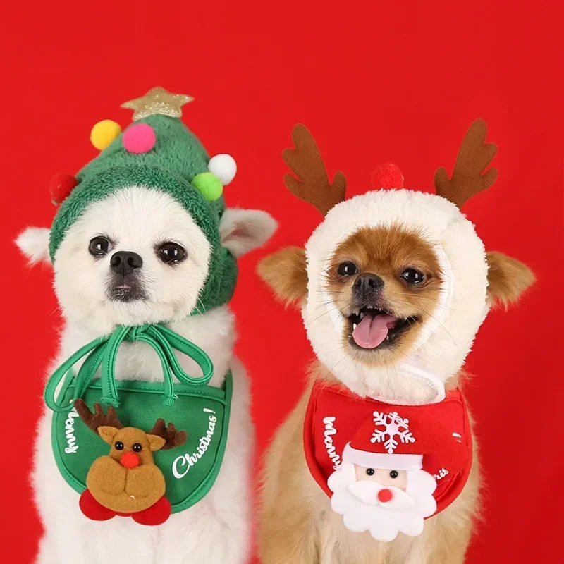 Christmas Santa Hat & Bandana Set for Dogs & Cats, Photo Prop