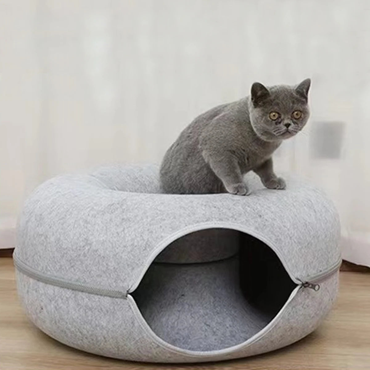 2-in-1 Felt Donut Cat Bed and Play Tunnel, Cozy Hideaway Cave