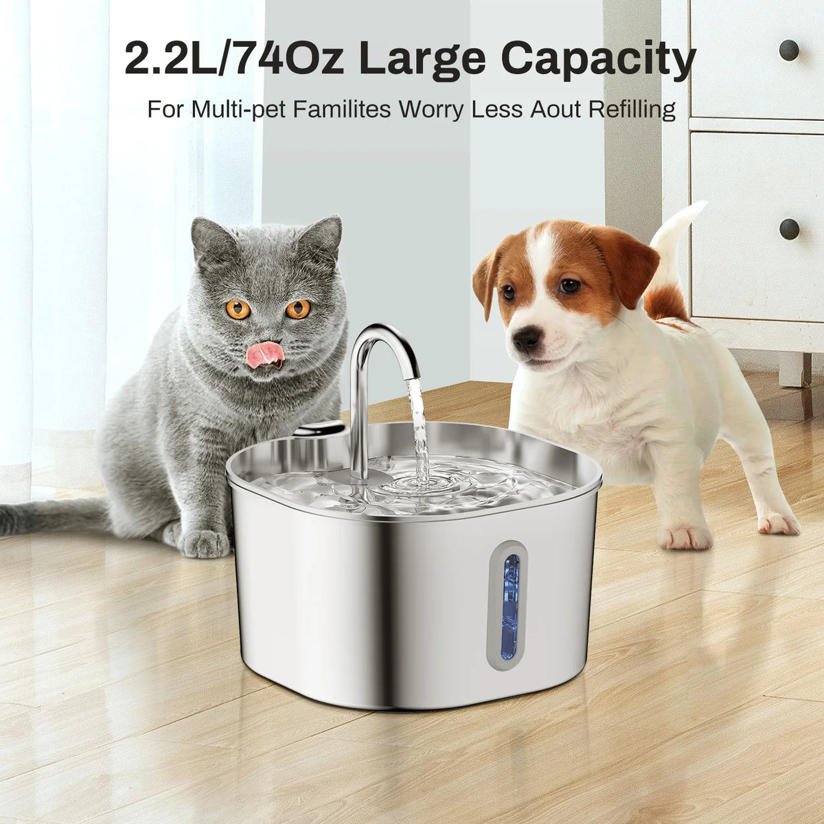 Stainless Steel Pet Water Fountain – 2.2L Cat & Dog Drinking Bowl