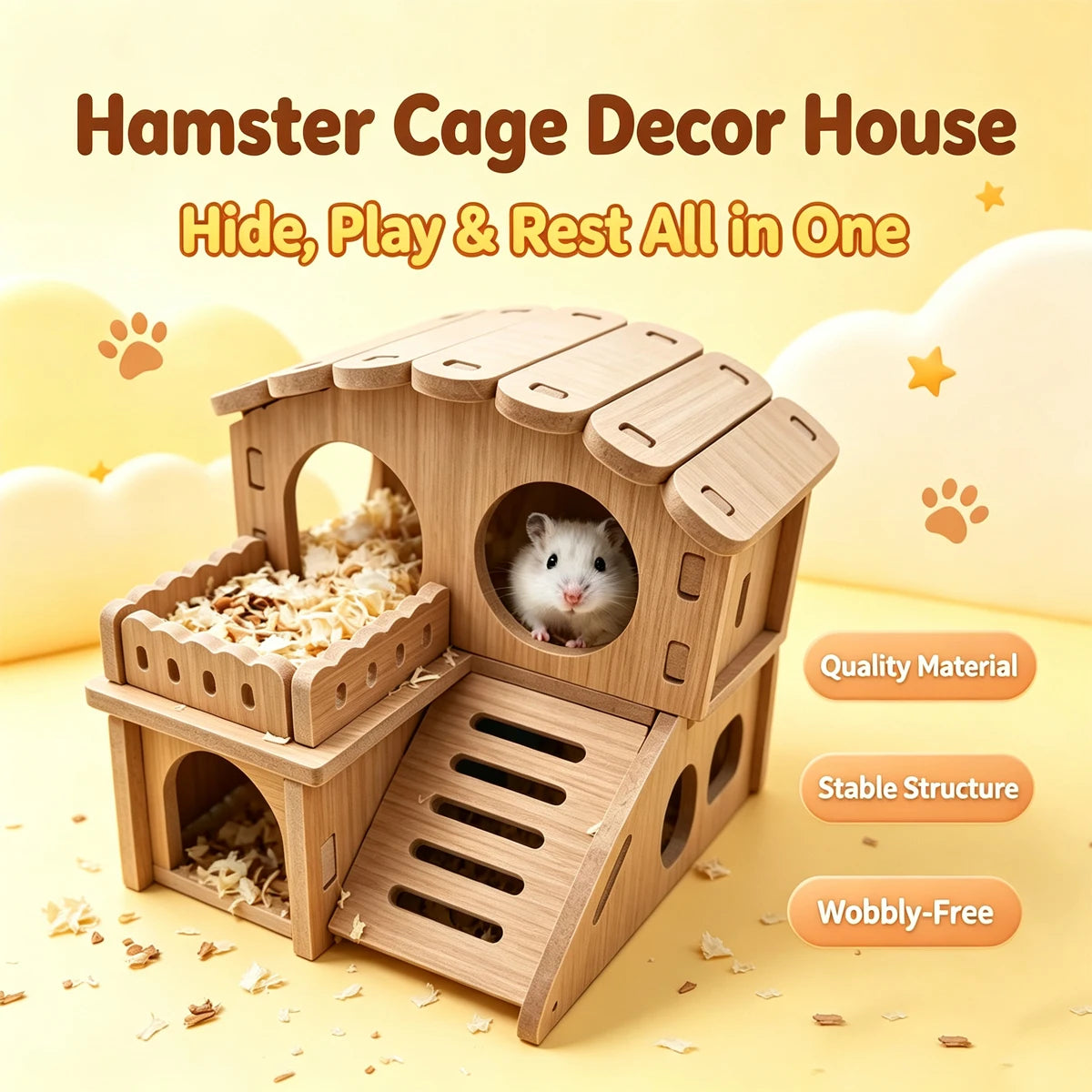 Wooden Hamster Villa Cabin House, Easy-Install Cage Hideout