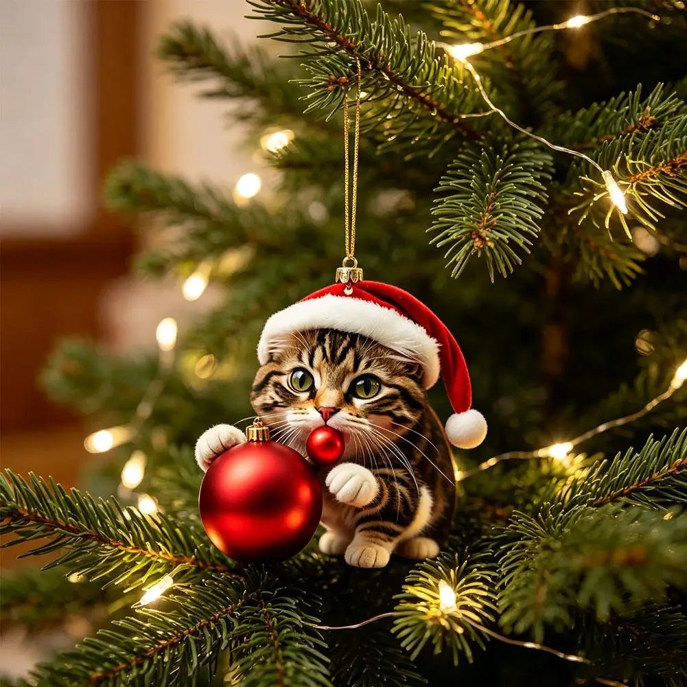 10-Piece Acrylic Cat Christmas Ornaments with Santa Hats