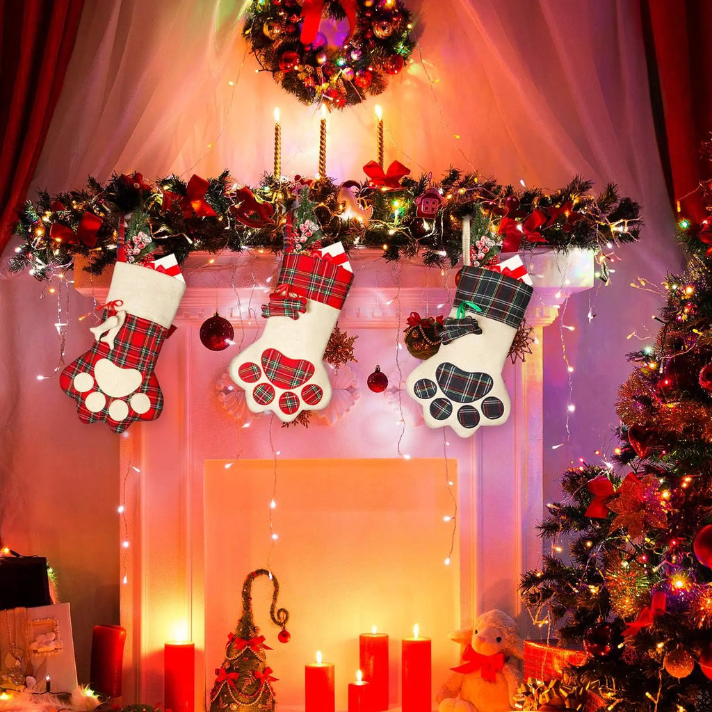 Christmas Pet Stocking with Paw Print, Plaid Hanging Gift Bag