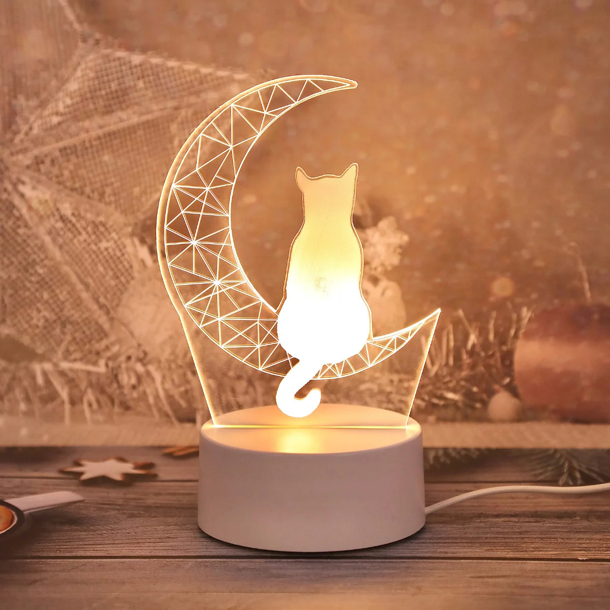 3D Moon Cat Acrylic LED Night Light, Gift for Cat Lovers