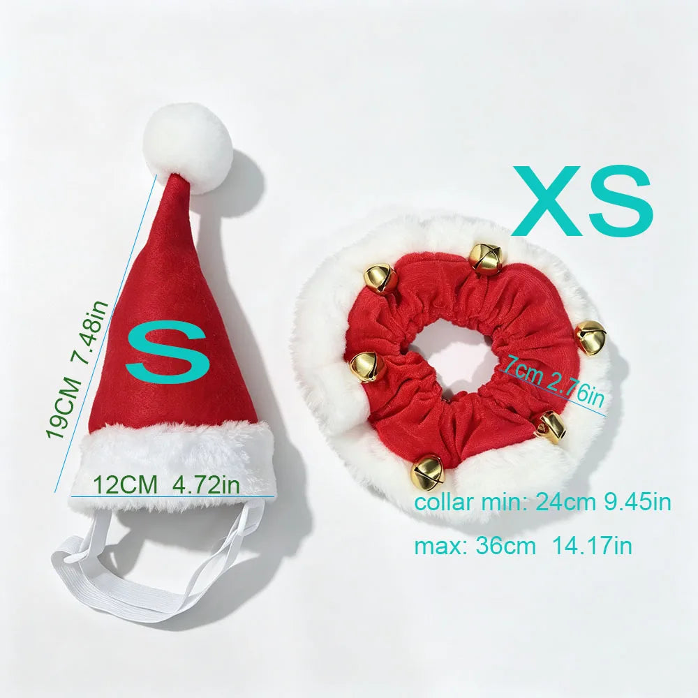 Dog Christmas Santa Hat Collar with Bells, Holiday Costume