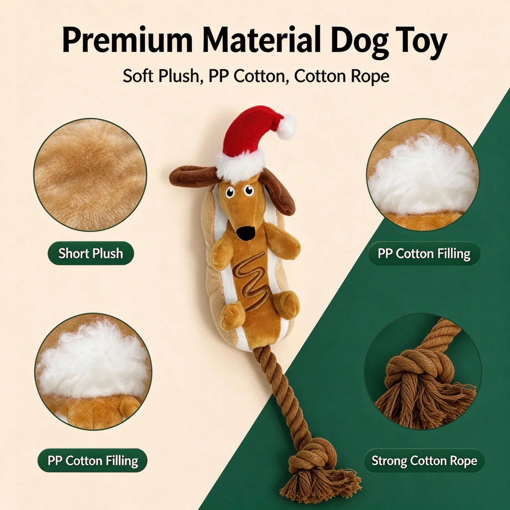 Christmas Dachshund Plush Squeaky Dog Toy with Rope Knot Chew