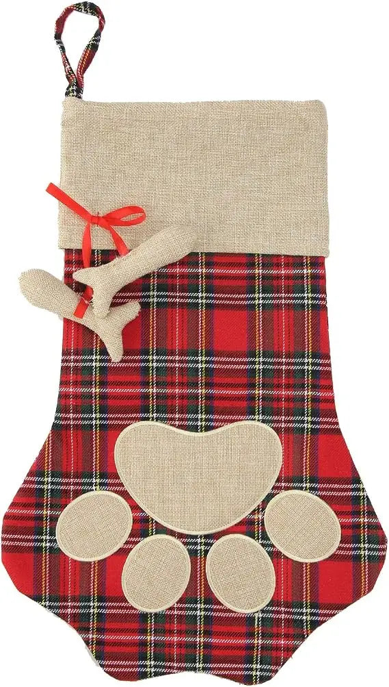 Christmas Pet Stocking with Paw Print, Plaid Hanging Gift Bag