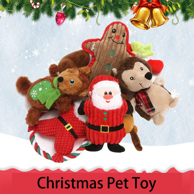 Christmas Plush Squeaky Dog Toy, Santa Elk & Gingerbread Man