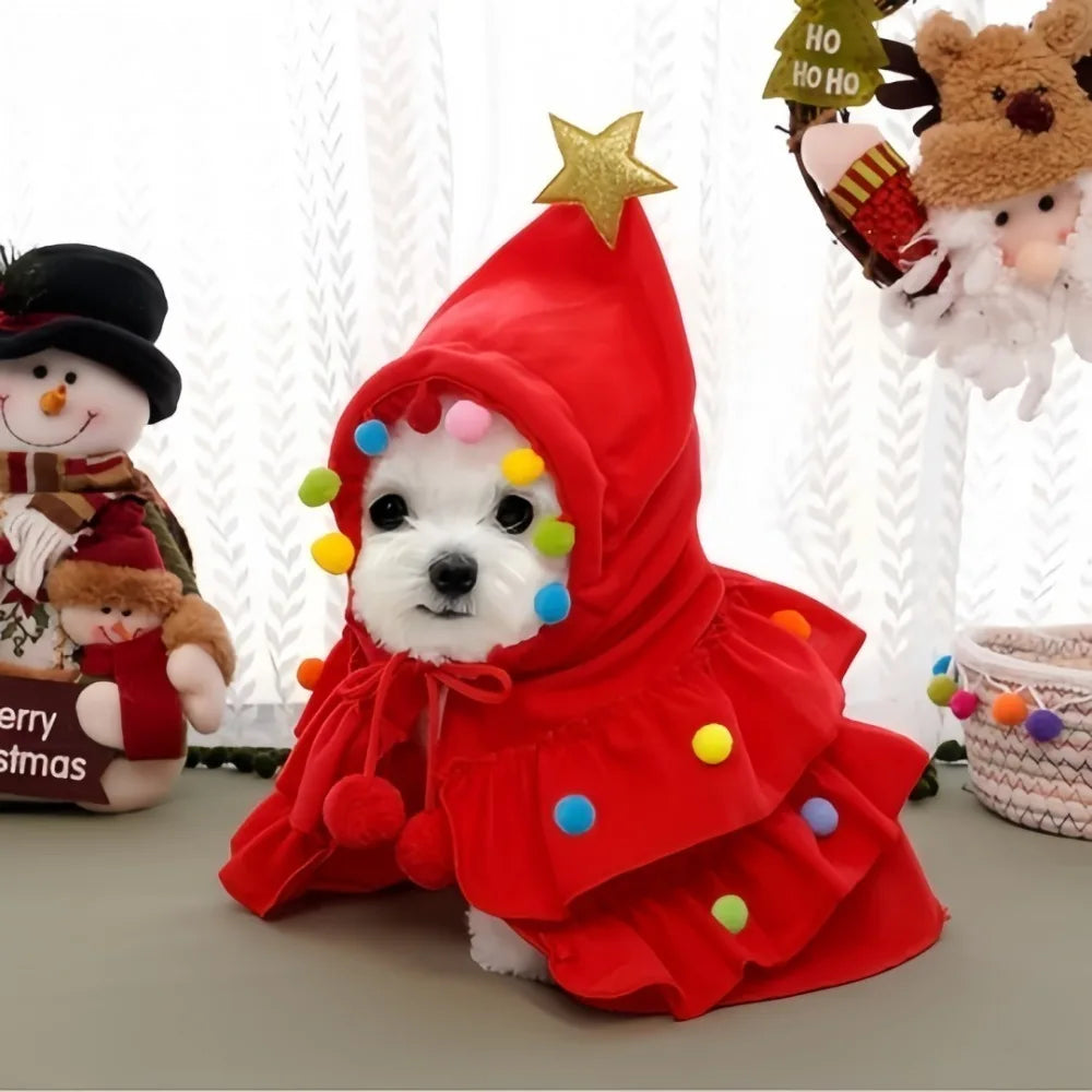 Christmas Tree Cloak Costume for Dogs & Cats, Star Pompom Cape