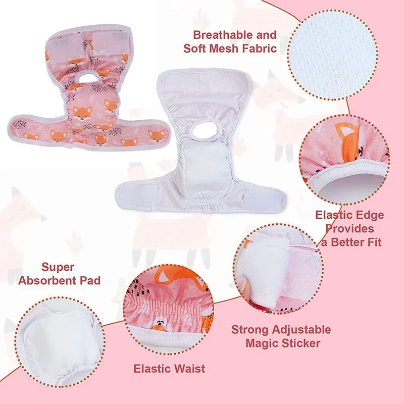 Washable Female Dog Diapers with Cute Cartoon Prints, Reusable