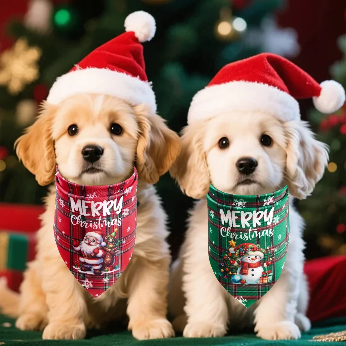Christmas Plaid Dog Bandanas 2-Pack, Washable Holiday Pet Scarf Bibs