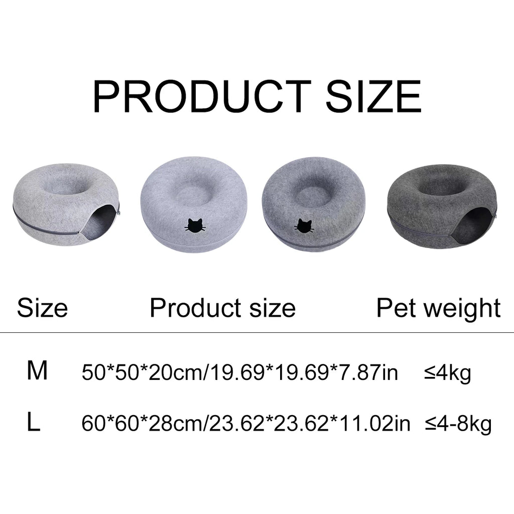 2-in-1 Felt Donut Cat Bed and Play Tunnel, Cozy Hideaway Cave