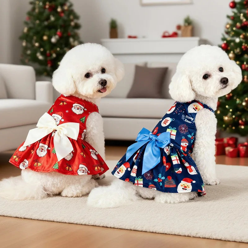 Christmas Dog Dress with Bow, Festive Holiday Pet Skirt