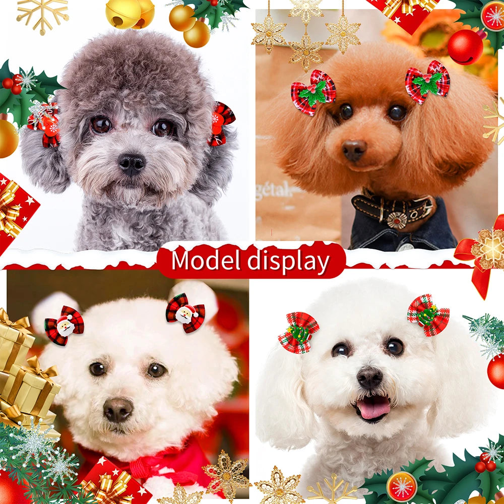 Christmas Plaid Puppy Hair Bows with Rubber Bands, 20-Pack