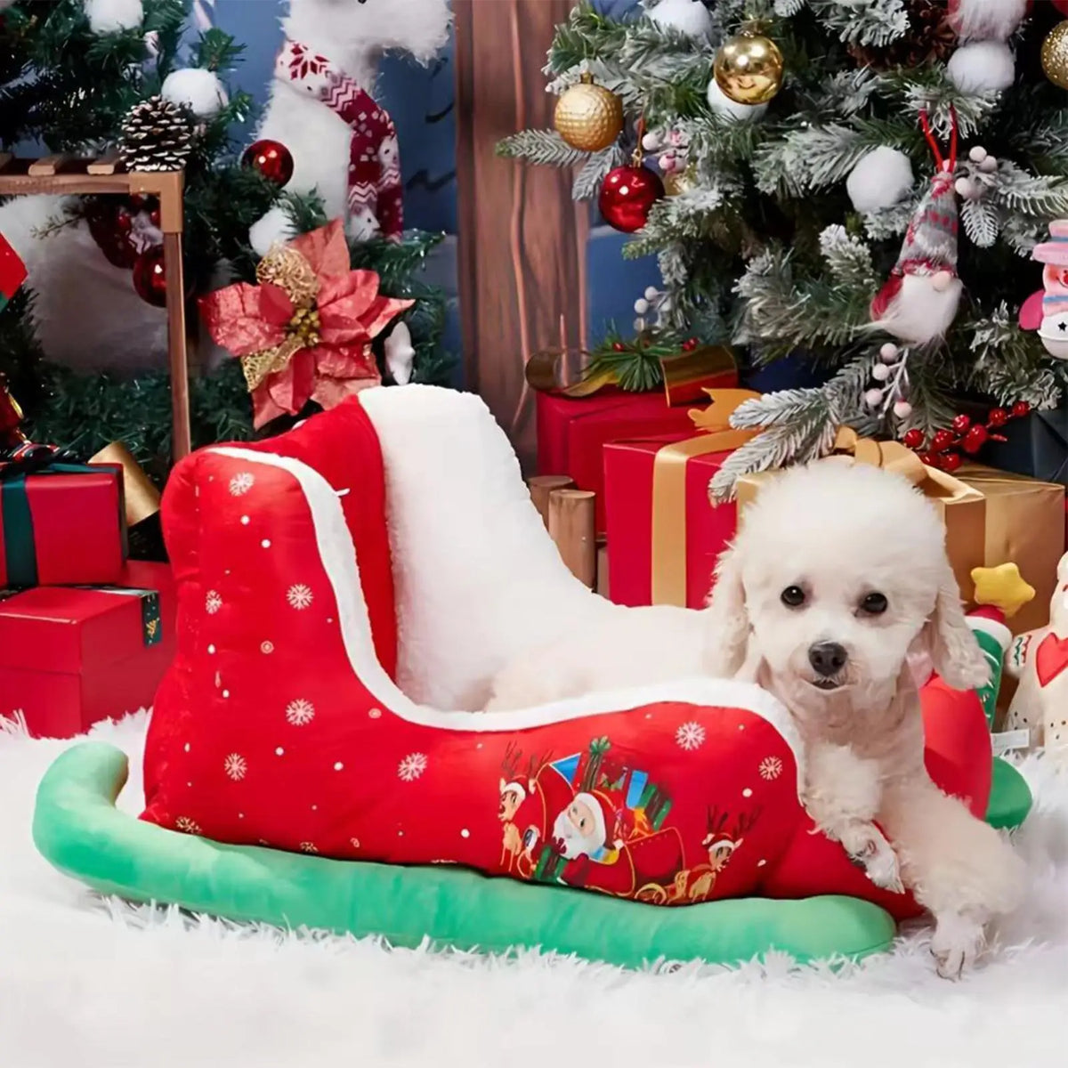 Christmas Sleigh Plush Pet Nest Bed for Cats & Small Dogs