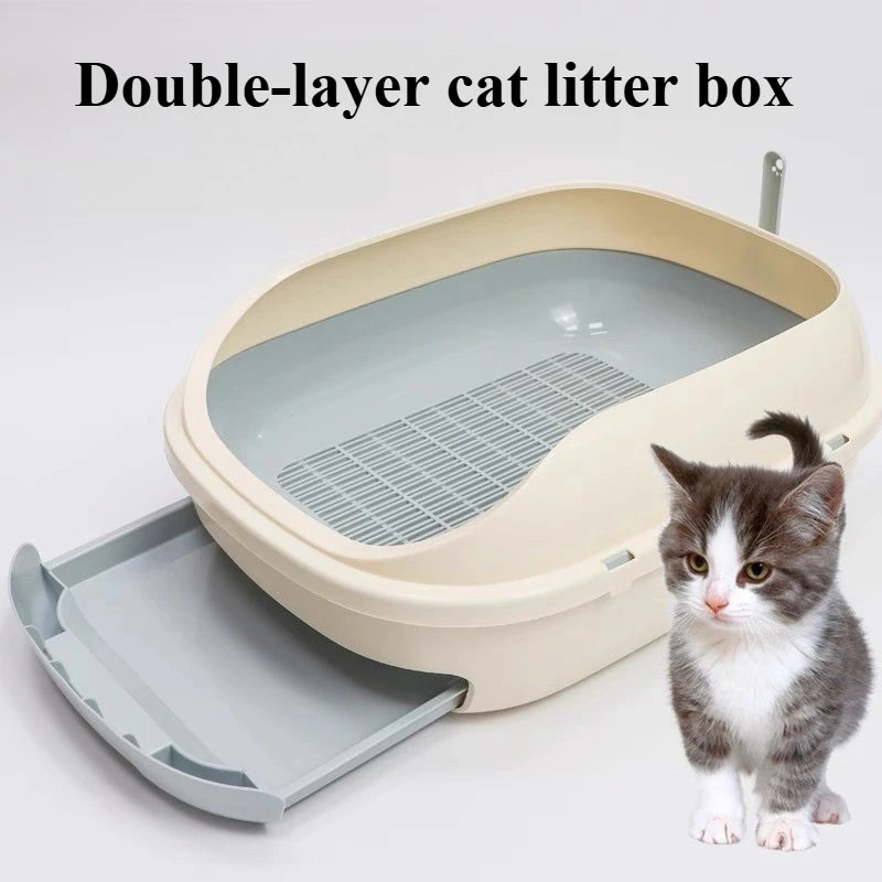Half-Enclosed Double-Layer Grid Cat Litter Box, Splash-Proof Drawer