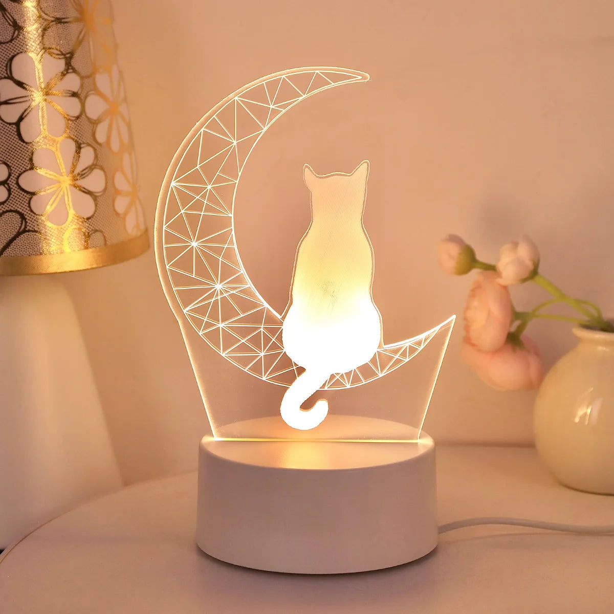 3D Moon Cat Acrylic LED Night Light, Gift for Cat Lovers