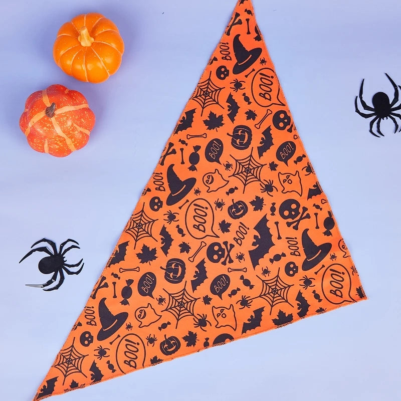 Halloween Dog Bandana with Pumpkin & Spider Web Print, Adjustable