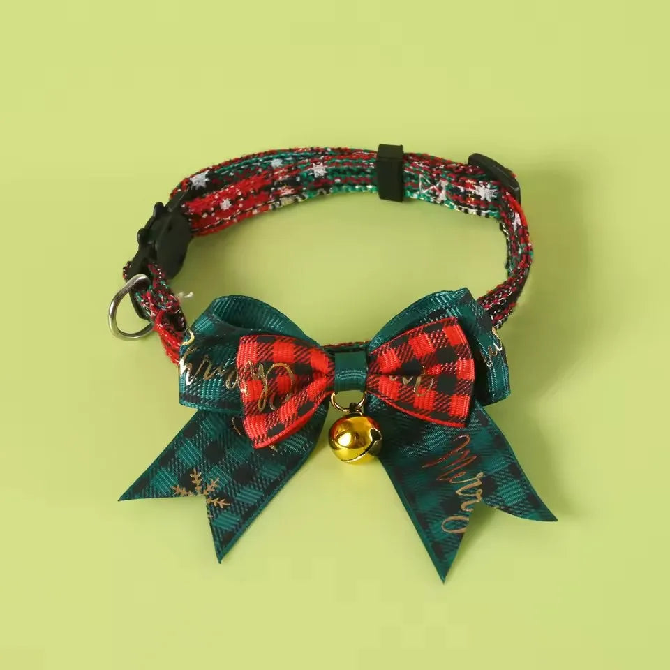 Christmas Pet Bow Collar, Adjustable Plaid Holiday Collar