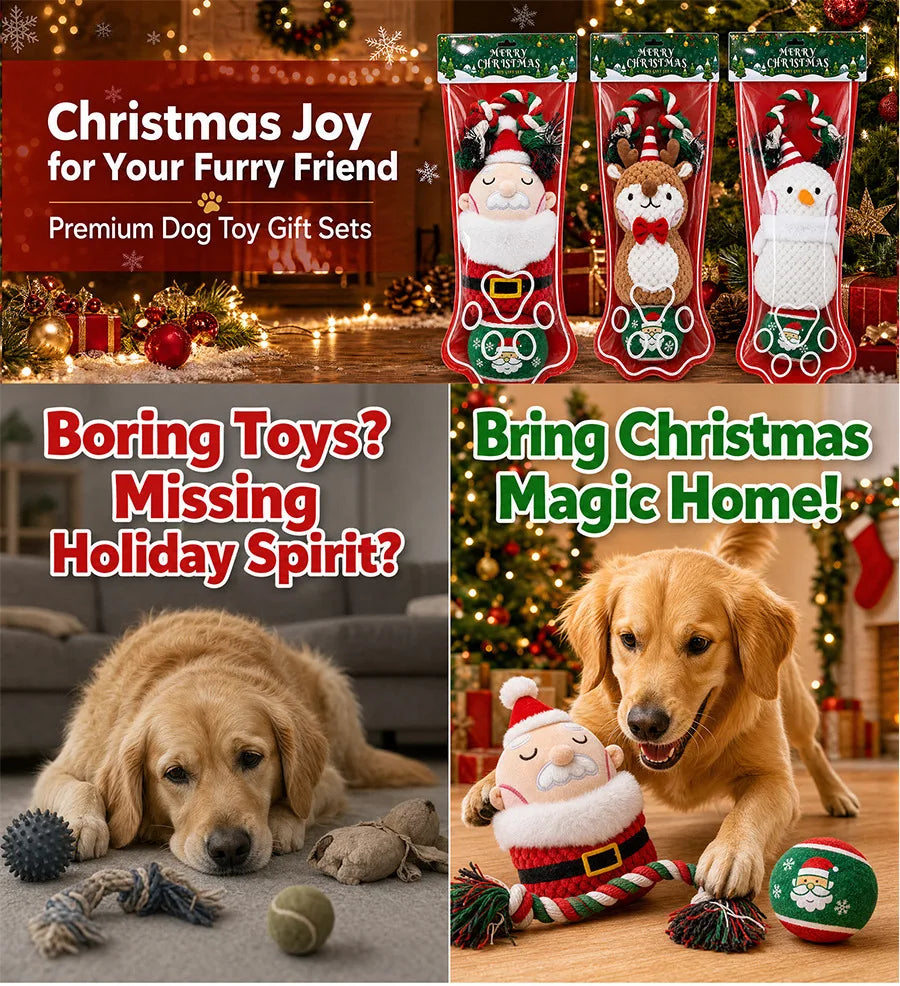 3-Piece Christmas Dog Toy Set with Plush, Rope and Tennis Ball
