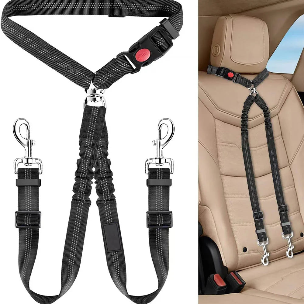 Double Dog Car Headrest Restraint, Tangle-Free Seat Belt for 2 Dogs