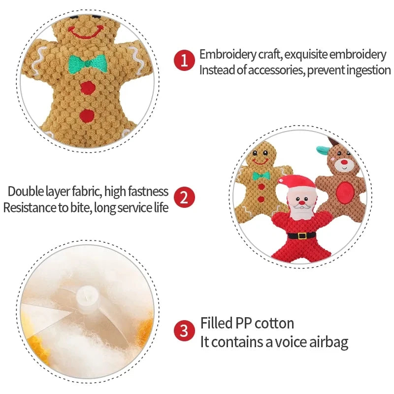 Xmas Pet Dog Plush Chew Toy Santa Elk Gingerbread Man Donut Cat