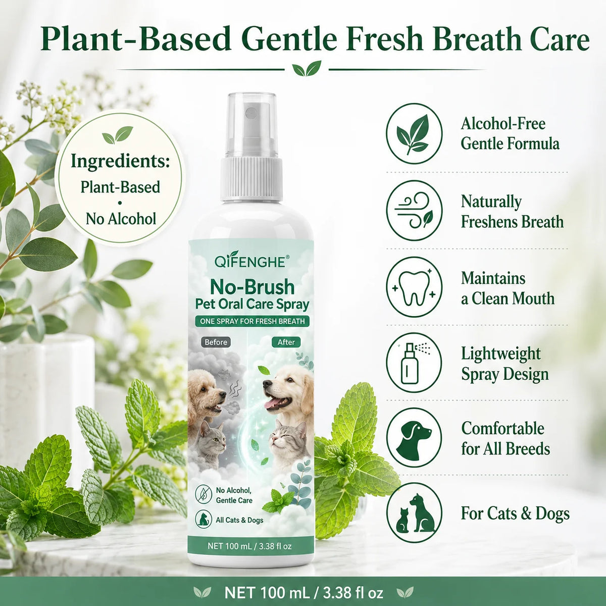 No-Brush Pet Dental Spray for Fresh Breath, Dog & Cat Oral Care