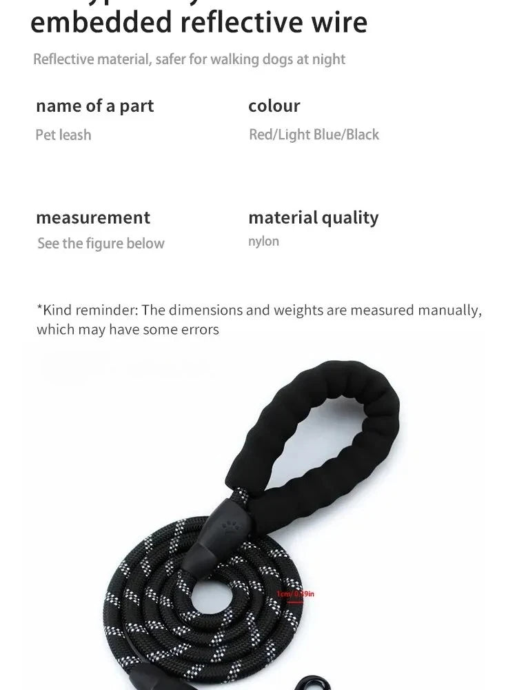 Reflective Nylon Round Dog Leash, No-Strangle Walking Lead