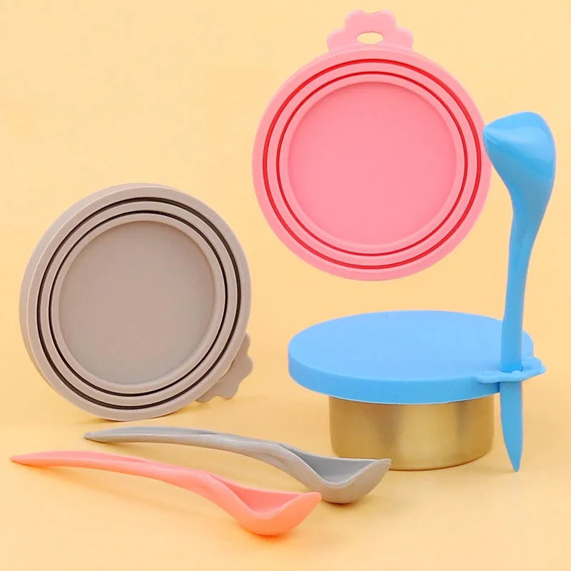 Silicone Pet Food Can Covers with Spoon, 2-Pack Reusable Lids
