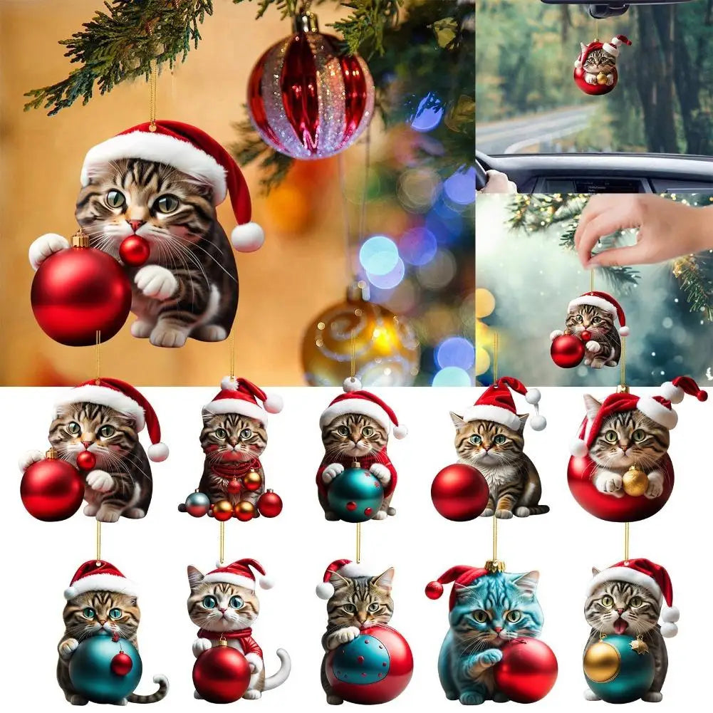 10-Piece Acrylic Cat Christmas Ornaments with Santa Hats
