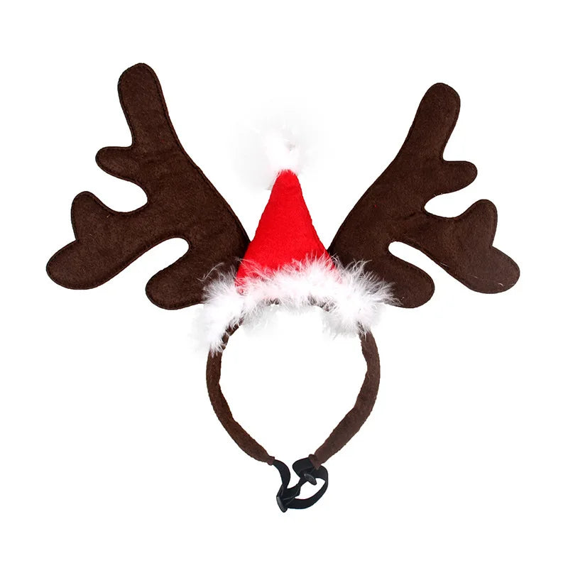 Christmas Reindeer Antler Headband with Santa Hat for Dogs & Cats