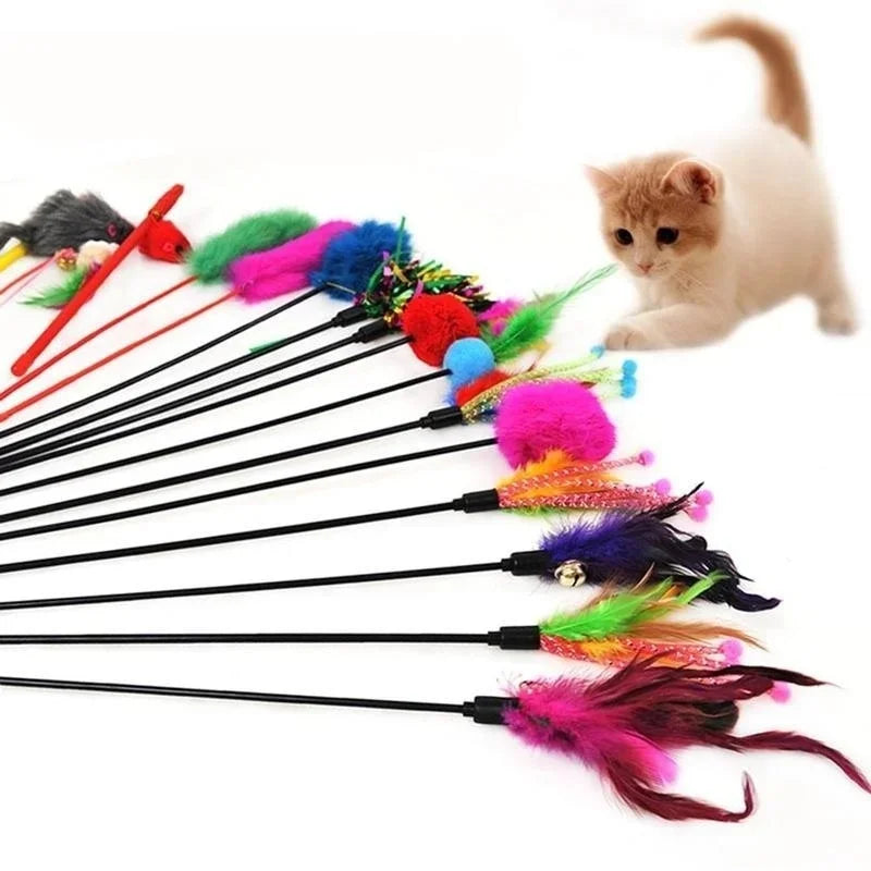 5-Pack Turkey Feather Cat Teaser Wand with Bell