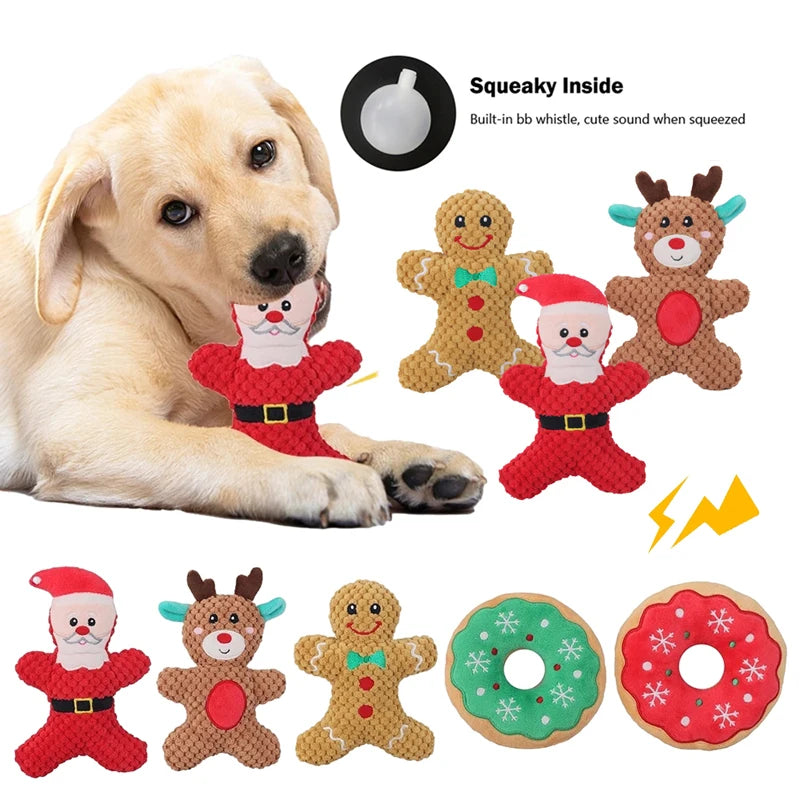 Xmas Pet Dog Plush Chew Toy Santa Elk Gingerbread Man Donut Cat