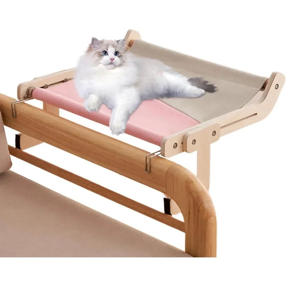 Wooden Sofa Armrest Cat Hammock, Clip-On Canvas Perch Bed for Cats