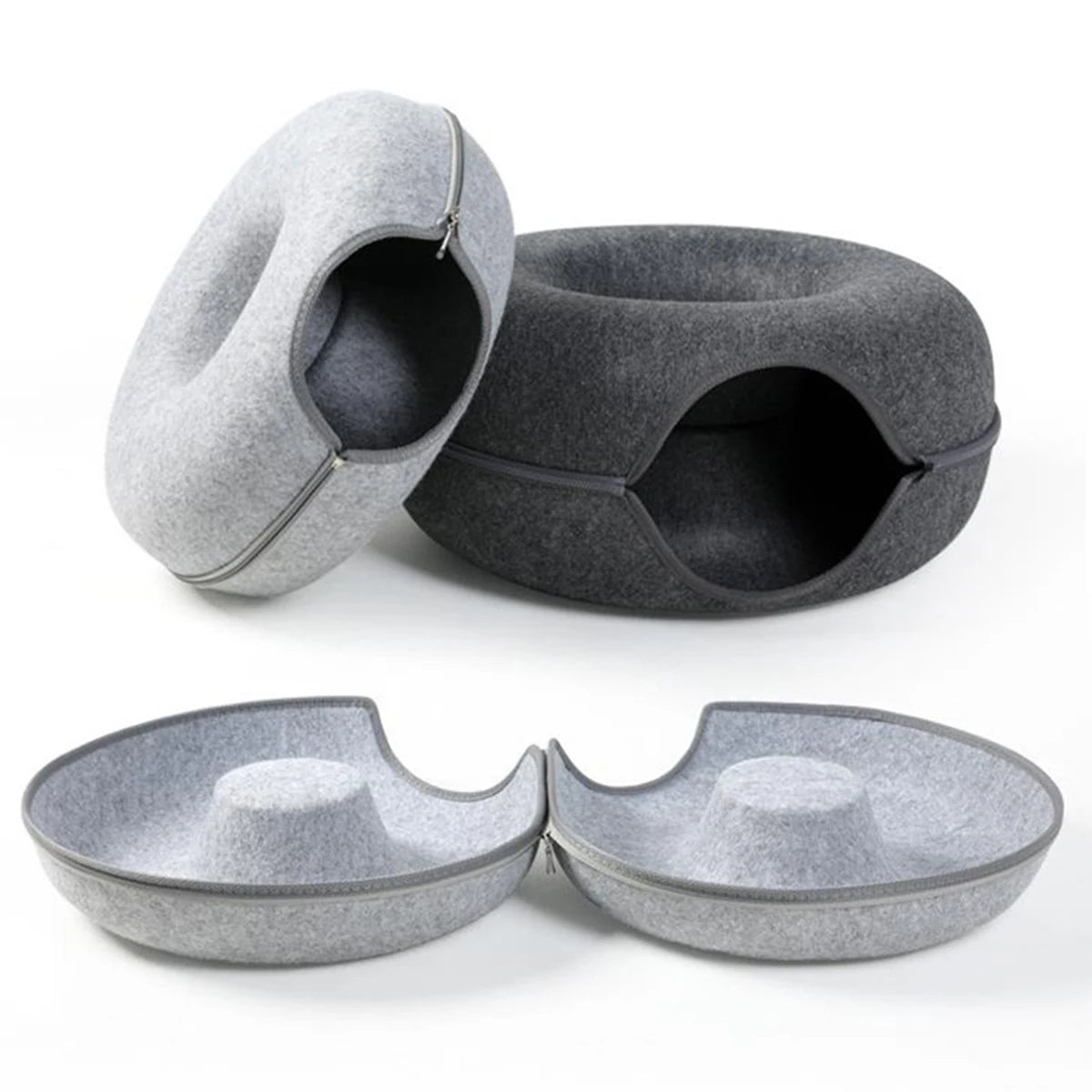 2-in-1 Felt Donut Cat Bed and Play Tunnel, Cozy Hideaway Cave