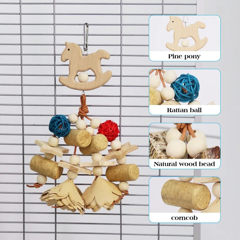 Wooden Rattan & Pine Cone Parrot Chew Toy for Bird Cages