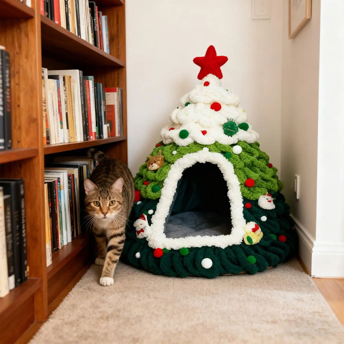 Knitted Christmas Tree Cat House, Warm Winter Nest for Kittens