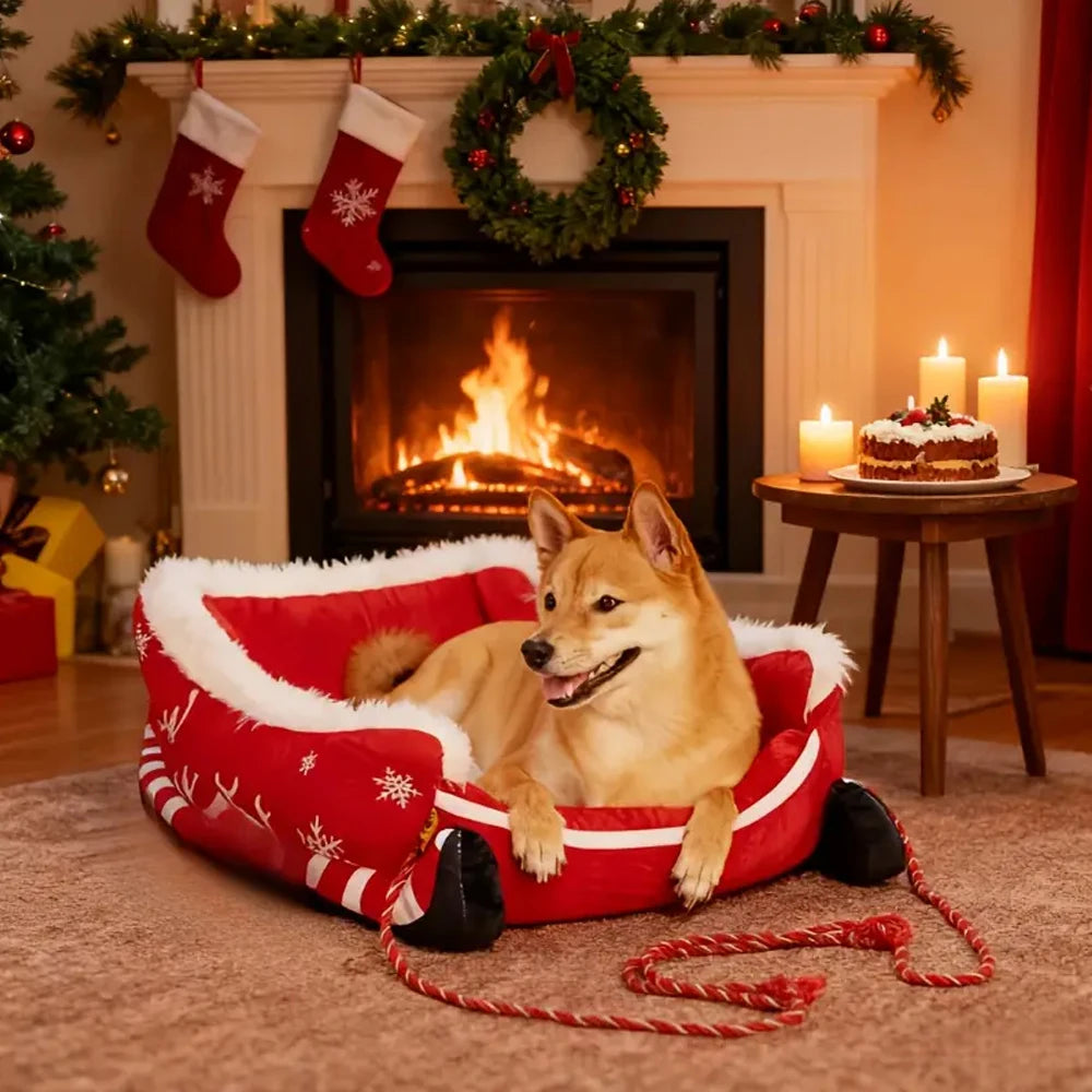 Christmas Sleigh Pet Sofa Bed, Washable with Non-Slip Base