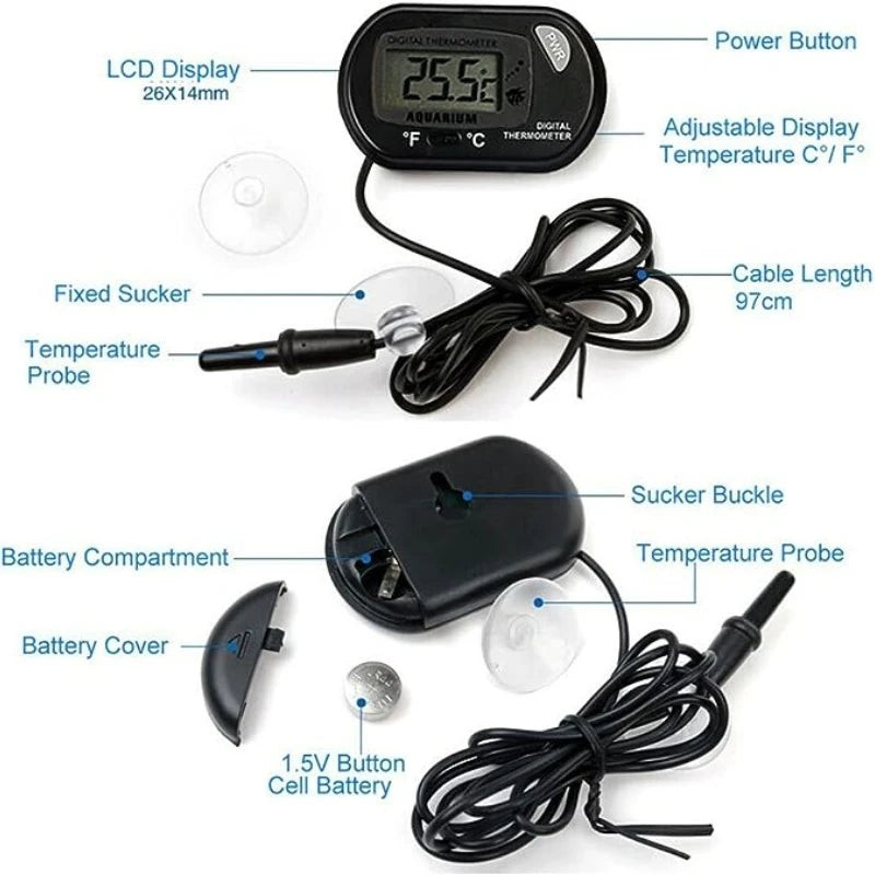 Digital Aquarium Thermometer with Probe & Suction Cup for Fish Tanks