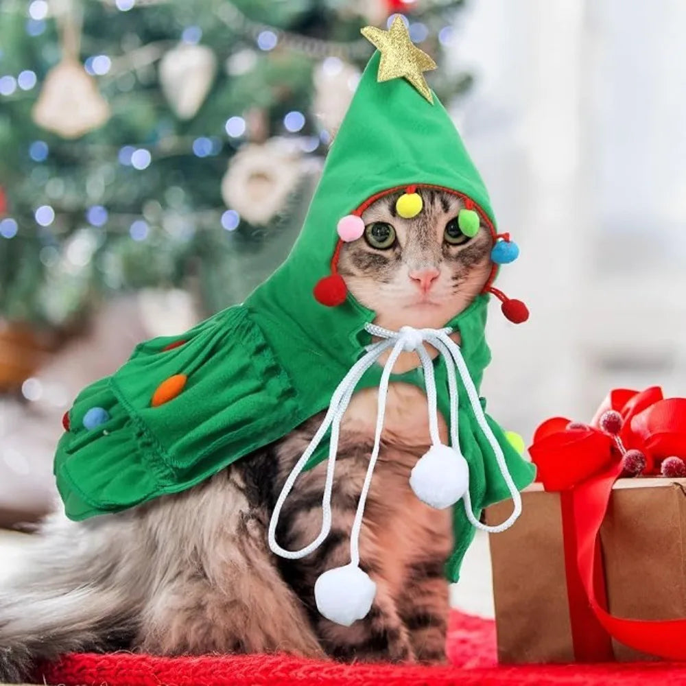 Christmas Tree Cloak Costume for Dogs & Cats, Star Pompom Cape