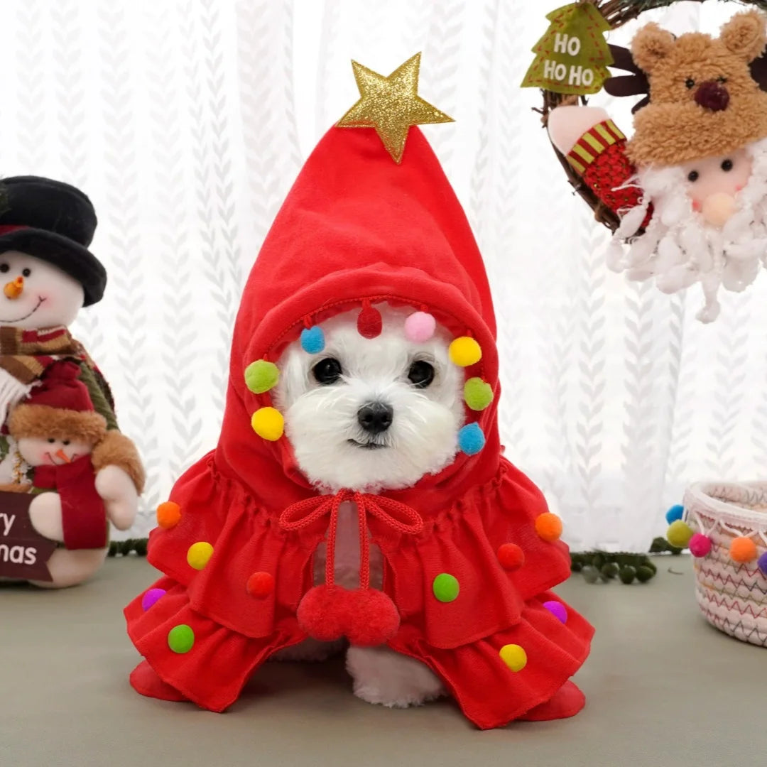 Christmas Tree Cloak Costume for Dogs & Cats, Star Pompom Cape