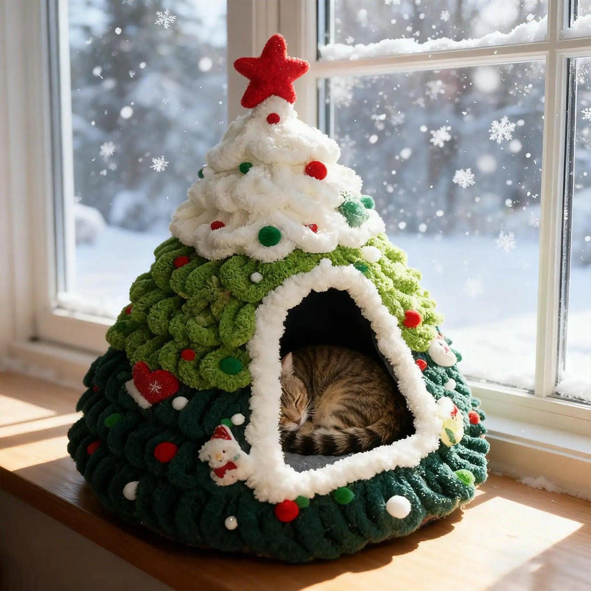 Knitted Christmas Tree Cat House, Warm Winter Nest for Kittens