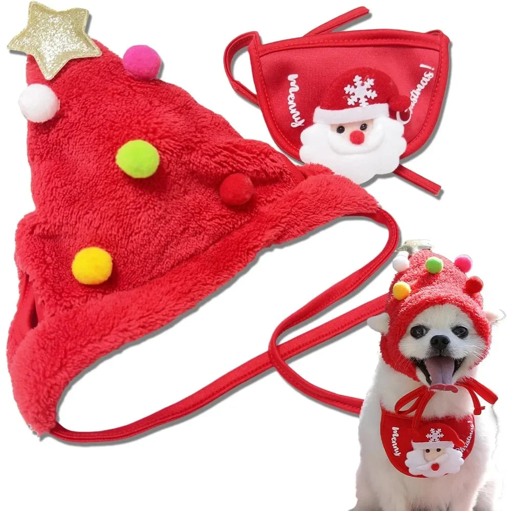 Christmas Santa Hat & Bandana Set for Dogs & Cats, Photo Prop
