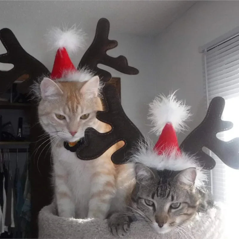 Christmas Reindeer Antler Headband with Santa Hat for Dogs & Cats