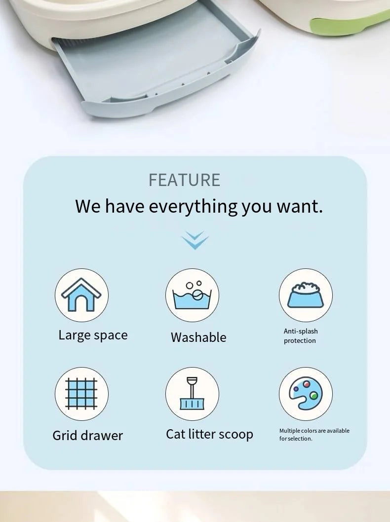 Half-Enclosed Double-Layer Grid Cat Litter Box, Splash-Proof Drawer