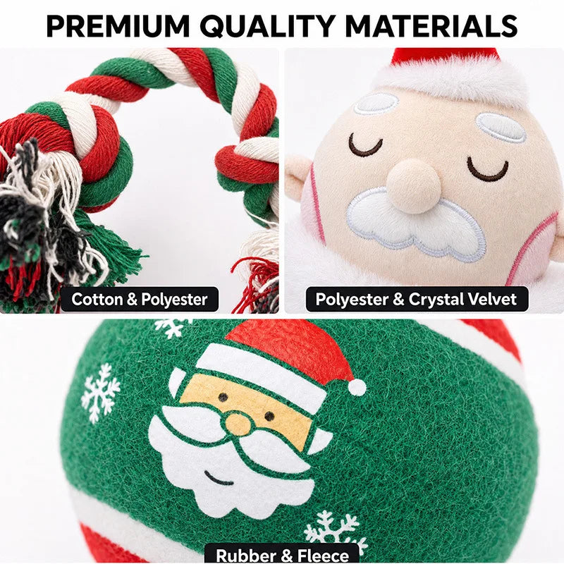3-Piece Christmas Dog Toy Set with Plush, Rope and Tennis Ball