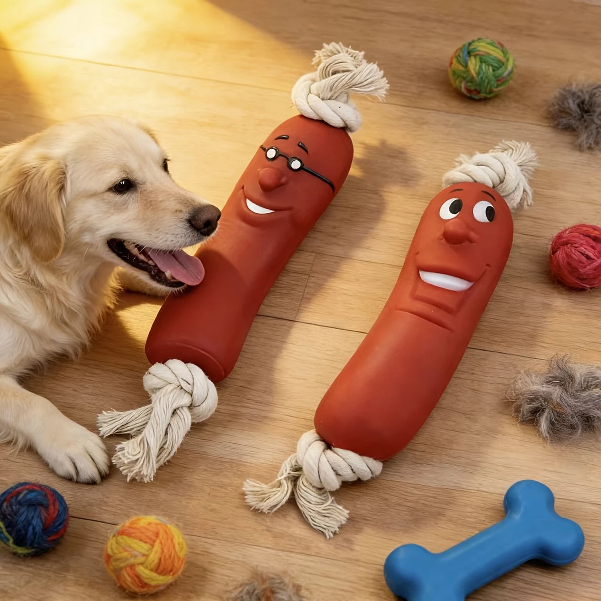 Squeaky Sausage Dog Chew Toy, Bite-Resistant Rope Teething Toy