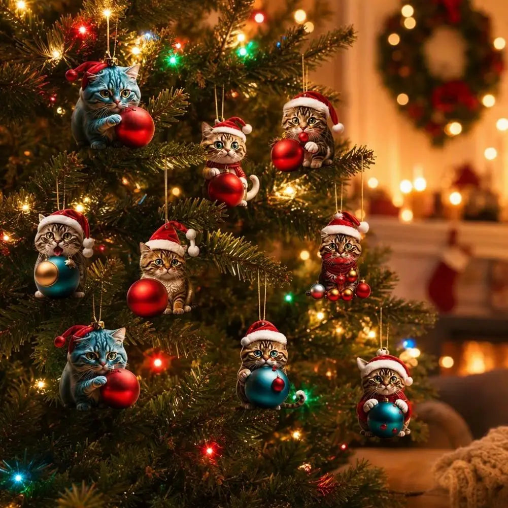10-Piece Acrylic Cat Christmas Ornaments with Santa Hats
