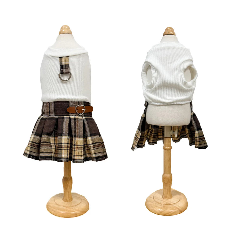 Plaid Pleated Dog Skirt Dress, Preppy Fall and Winter Pet Outfit