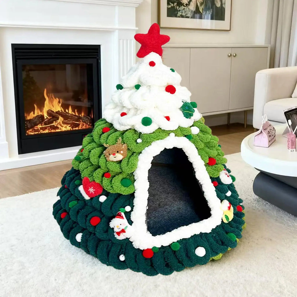 Knitted Christmas Tree Cat House, Warm Winter Nest for Kittens